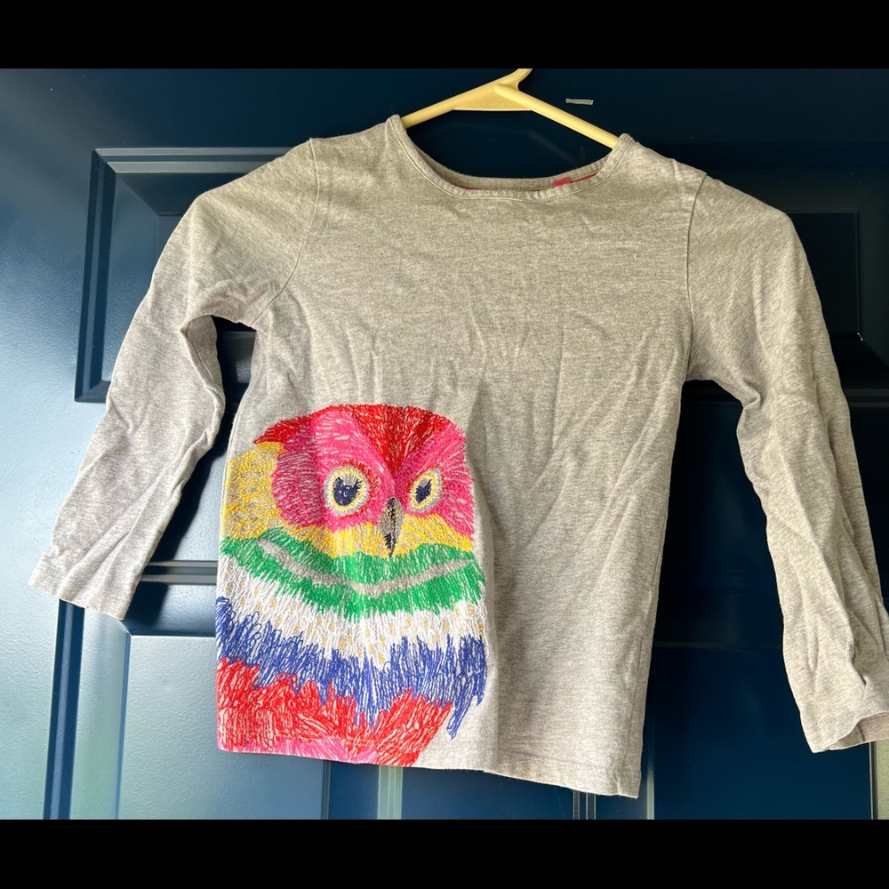 Girls Mini Boden embroidered owl long sleeve shirt. Size 6-7